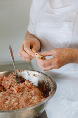 Making traditional dumplings with minced meat filling, hands shaping dough for authentic cuisine