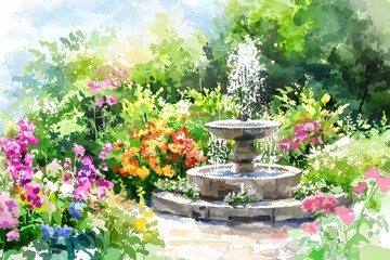 Naklejka premium A water fountain is surrounded by a garden of flowers