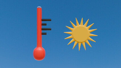 Red thermometer  and sun indicating heat and high temperature. Ideal for projects related to temperature, heat and climate. Can be used in infographics.