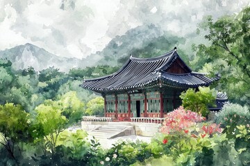 A painting of a house with a garden in front of it