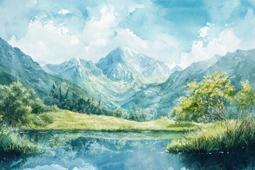 Fototapeta premium A painting of a mountain range with a lake in the foreground