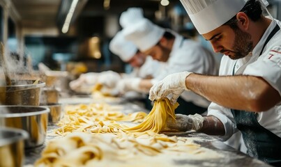 A group of focused chefs collaboratively craft fresh pasta in a professional kitchen, skillfully shaping dough with concentrated attention and culinary expertise