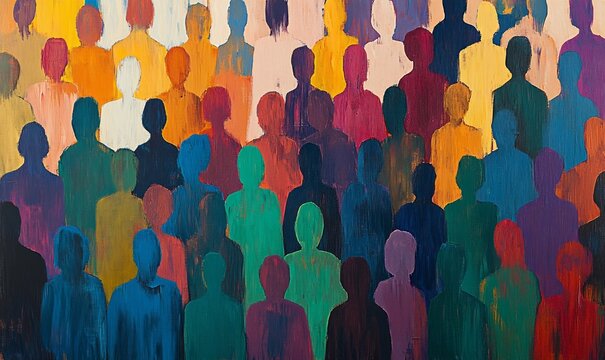 Abstract image of a crowd featuring colorful, stylized human figure silhouettes in various shades arranged closely together