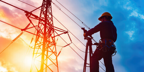 Electrician repairing electrical power lines on utility pole against the sky and clouds background, dangerous work at height