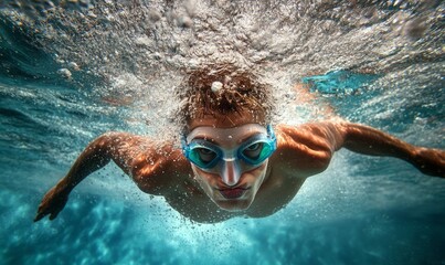 Naklejka premium A hyper-realistic image of a swimmer in mid-stroke, captured from an underwater perspective