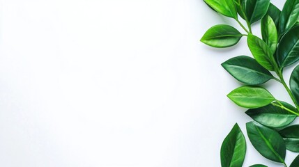 A collection of lush green leaves is elegantly placed on a clean white surface, highlighting their rich color and intricate shapes, creating a sense of calm and freshness