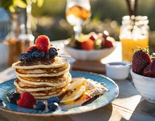 Elegant Breakfast Spread With Vegan Pancakes, Fresh Fruits, and a Selection of Organic Syrups and Condiments for a Healthy and Delicious Morning Feast