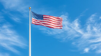 The vibrant American flag flutters proudly on a flagpole under a bright blue sky, representing freedom and unity on a clear and sunny day