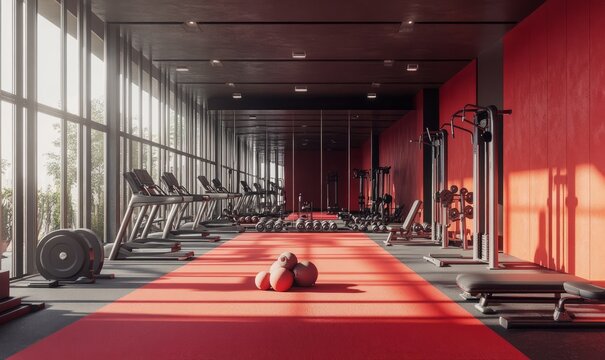 A modern gym with red decor and comprehensive fitness equipment, creating a dynamic and invigorating environment designed to enhance a variety of workout routines