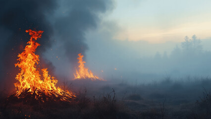 Fototapeta premium Burning Grasslands in a Misty Landscape at Dusk