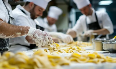A group of focused chefs collaboratively craft fresh pasta in a professional kitchen, skillfully shaping dough with concentrated attention and culinary expertise