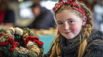 A young girl with braided hair and a festive headband gathers materials for a holiday wreath at a community center workshop, showcasing creativity and seasonal spirit