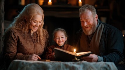 A serene moment unfolds as a family shares laughter and stories around a table, illuminated by the warm glow of a candle. Their joyful expressions highlight the beauty of togetherness