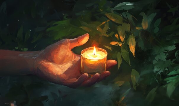 A hand shielding a candle from a gentle breeze