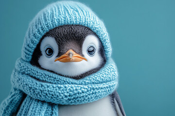 Adorable baby penguin in a blue knitted hat and scarf, ideal for children's products, winter holidays, greeting cards, or playful branding.