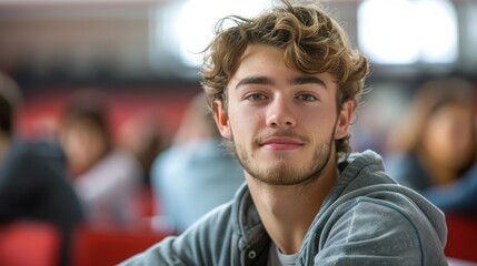 Bright and determined young man, showcasing intelligence and readiness, seated in a university classroom setting