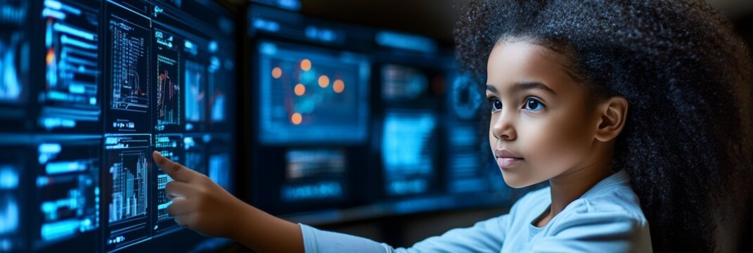 Young Girl Exploring Data Visualization on Interactive Digital Screens, Future of Technology