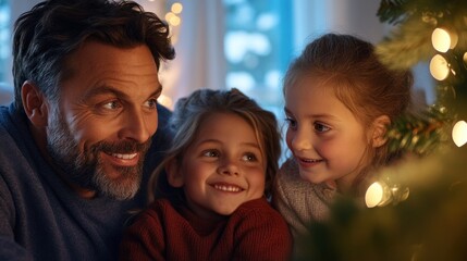 father shares a warm, happy moment with his daughters as they gather around a stunningly decorated Christmas tree, savoring the joy of the holiday season together at home