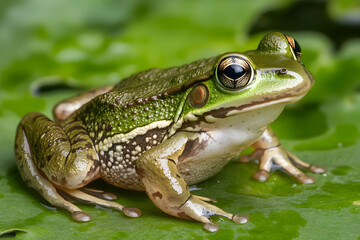 Obraz premium Green frog perched on a leaf, close-up shot