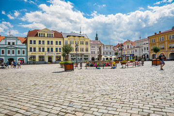 Pelhrimov, Czech republic - July 06, 2022. Main square of small city with picturesque traditional old buildings 