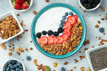 Healthy breakfast . Yogurt with berries ( strawberry , raspberry , blueberry , blackberry ) , granola and chia seeds . Top view