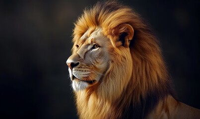 Naklejka premium Close-up portrait of a male lion with a majestic mane, set against a dark, gradient background. The lion's side profile captures its serene, powerful presence.