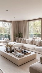Fototapeta premium Modern Living Room with Neutral Colors, White Sofa, and Large Windows with a Green View.