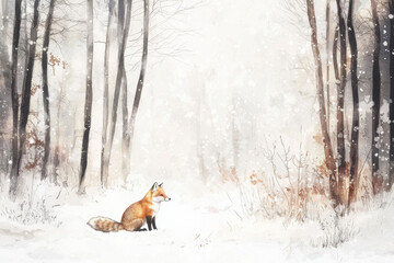 A fox is sitting in the snow in a forest