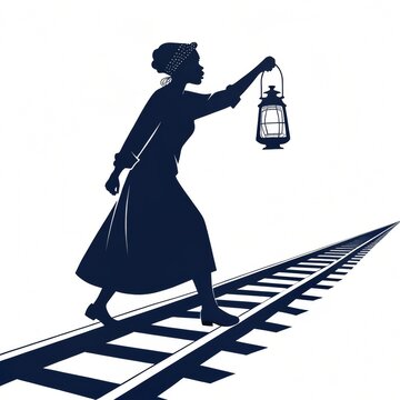  Silhouette of Harriet Tubman holding a lantern, leading the way through darkness, simple black figure on a white background, clean lines and minimalist design, strong contrast symbolizing leadership
