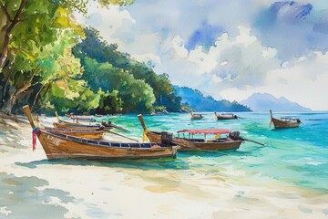 Obraz premium A painting of a beach with several boats docked in the water