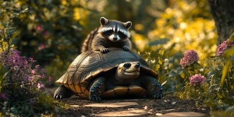 A Raccoon Playfully Rides on the Back of a Turtle in a Vibrant Garden Surrounded by Colorful Flowers During a Sunny Afternoon