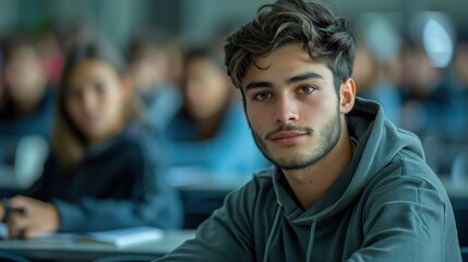 Bright and determined young man, showcasing intelligence and readiness, seated in a university classroom setting