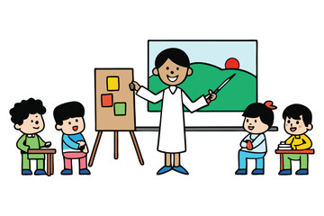 an art teacher in a colorful room guiding studen.eps