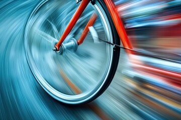 A blurry image of a bicycle wheel with a red frame