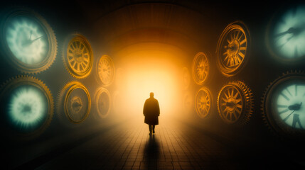 Lone Figure Walking Through Path of Enormous Clock Gears and Antique Clocks in a Dreamlike, Mist-Filled Landscape