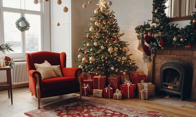 Cozy Christmas Room with Decorated Tree and Presents Underneath