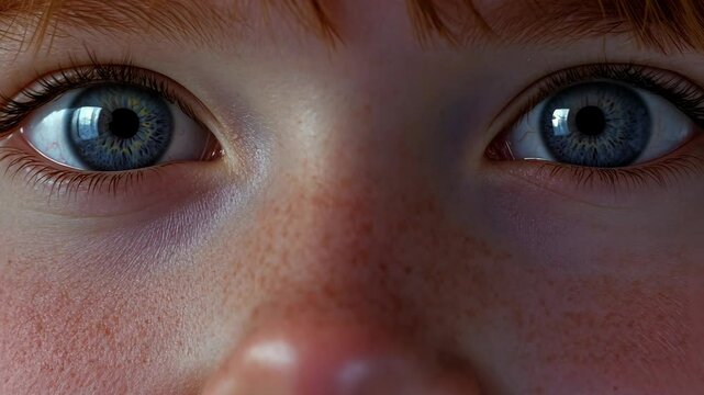 A close-up shot of a child's eyes, with bright blue irises and a hint of freckles on the face
