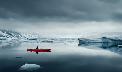 A vivid red kayak moves through tranquil icy waters under a cloudy sky, navigating among arctic ice formations and capturing the serene beauty of the environment