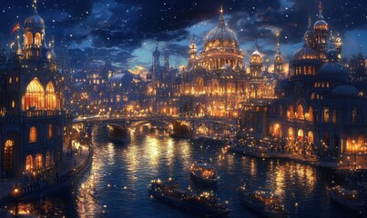 Obraz premium An intricate, illuminated cityscape featuring grand classical architecture with domes and spires, bridges over water, and warm lighting against a twilight sky