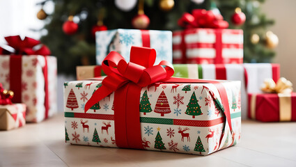 Wrapped Christmas presents with a red bow and a Christmas tree in the background.