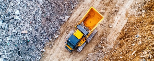 Aerial view of a heavy-duty construction truck transporting materials across a dirt road surrounded by contrasting textures of debris.