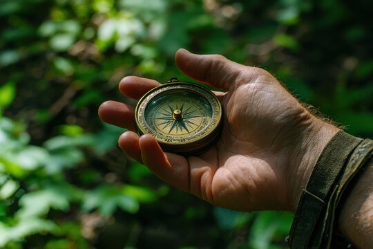 A hand holding a compass with a green background