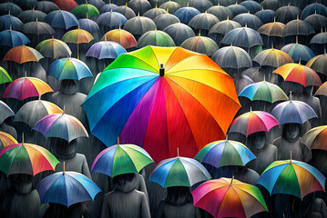 Obraz premium A vibrant, standout, colorful, standout umbrella stands out among a sea of gray umbrellas and faceless figures, symbolizing individuality and creativity in a co