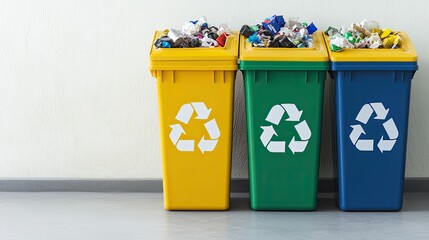 Three colorful recycling bins overflowing with waste, prominently displaying recycling symbols, promoting eco-friendly practices and waste management.