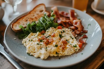 A meal with scrambled eggs, toasted bread and bacon