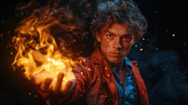 A young man with a serious expression holds a flame in his outstretched hand.