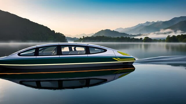 Modern Electric Boat Gliding on Calm Lake with Mountain View