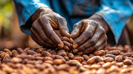 Hands sorting cocoa beans