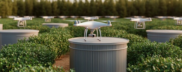 Obraz premium A drone hovers over crops, surrounded by cylindrical tanks in a lush green agricultural field, showcasing modern farming technology.