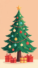 Christmas tree on a beige background, gold star on top, multi-colored garland, red and yellow gifts, vertical illustration